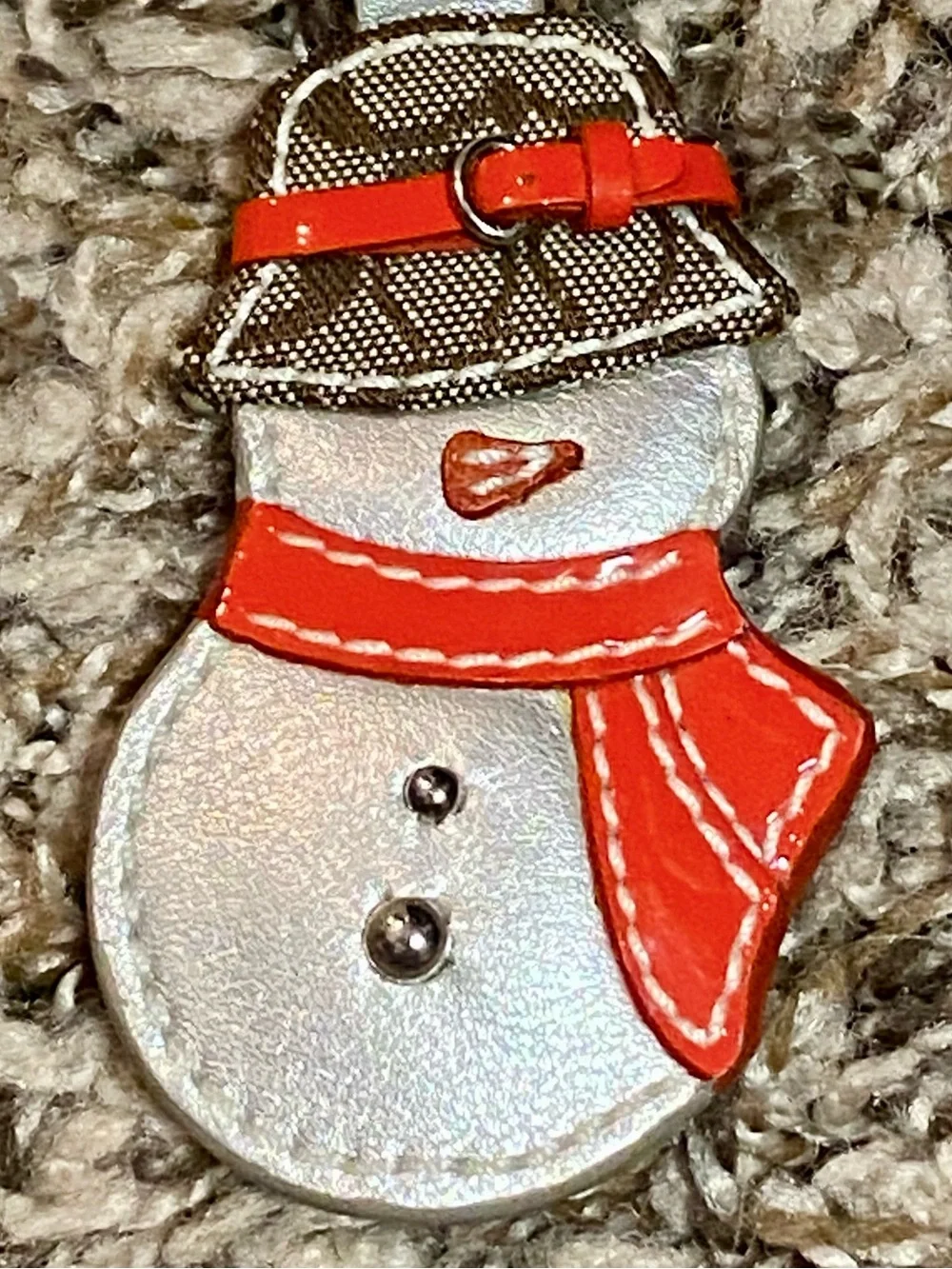 New Coach Silver Leather Snowman Keychain Signature C Hat Red Accents